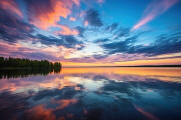 Bright colorful golden clouds at sunset over a beautiful calm forest lake reflecting the sky
