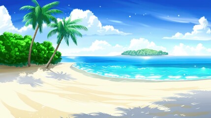 Fototapeta na wymiar Animated Sandy tropical beach with island on background 