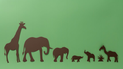 Animals silhouettes on green background. 3D rendering illustration.Serenity in Nature: A Paper Art Wildlife Scene