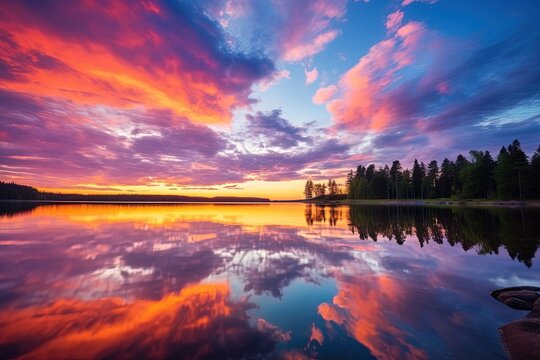 Bright colorful golden clouds at sunset over a beautiful calm forest lake reflecting the sky
