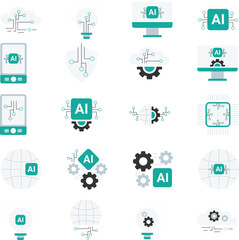 Artificial Intelligence flat color Icons set. Vector illustration modern style icons of AI technology and possibilities.