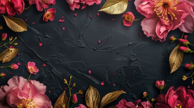 Beautiful floral golden pattern on black textured background. Dark pink and golden flowers on floral frame with copyspace