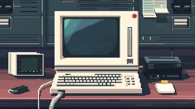 Vintage computer, pixel art style, simple