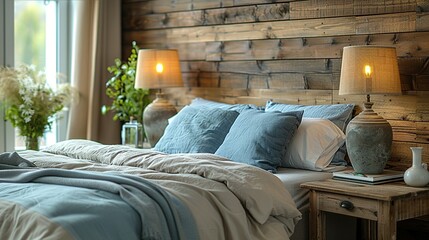 Close up of rustic bedside table lamp near bed with wood headboard. French country, farmhouse, provence interior design of modern bedroom