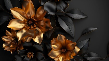 Beautiful golden flowers with black leaves isolated on a dark black background. Creative mystery concept. Elegant love and passion floral idea. 3d Illustration