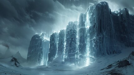 Enigmatic glacier fortress with glowing ice runes