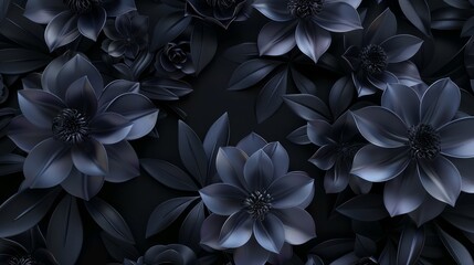 Beautiful gradient flowers with black leaves isolated on a dark black background. Creative mystery concept. Elegant love and passion floral idea. 3d Illustration