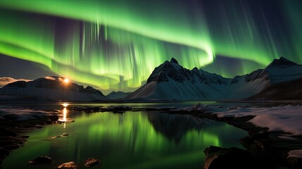 A surreal scene of a neon aurora borealis illuminating an alien mountain range
