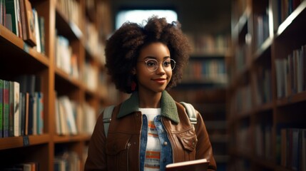 A beautiful Young Student, A Black Girl, A Schoolgirl with books in her hands in a School, university, college Library. Education, School, Literature, Hobbies and Leisure concepts. - obrazy, fototapety, plakaty