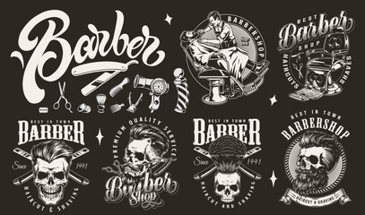 Brutal barber set logotypes monochrome