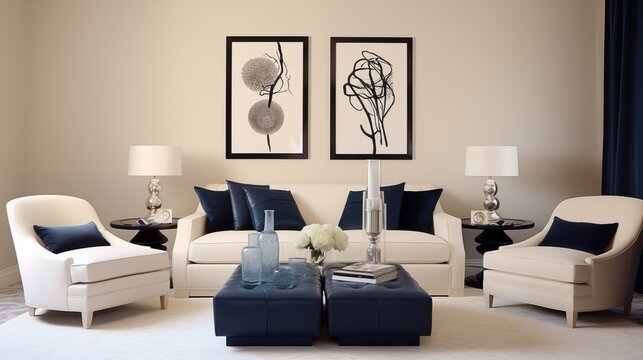 Cream and Navy Blue Create a timeless and sophisticated space with cream-colored walls and navy blue accessories.