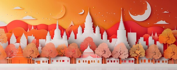 Thailand Cityscape with temples, Paper cut