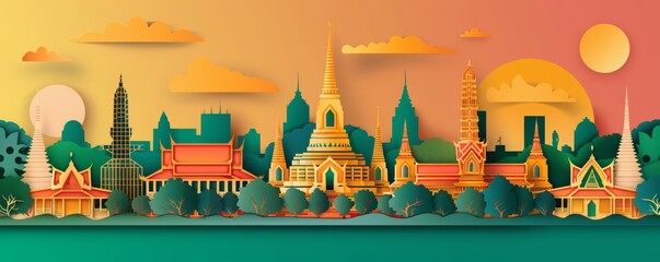 Thailand Cityscape with temples, Paper cut