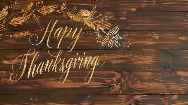 Happy Thanksgiving Written in cursive font with wooden background