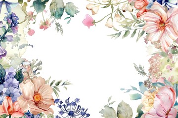 Fototapeta na wymiar A watercolor painting of a flowery border with a white background.Painted watercolor floral border or frame for wedding invitations
