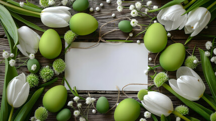 Easter frame with tulips and green eggs on wooden background, white blank paper for text or message, copy space for text