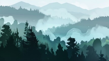 Misty landscape with fir forest  - obrazy, fototapety, plakaty