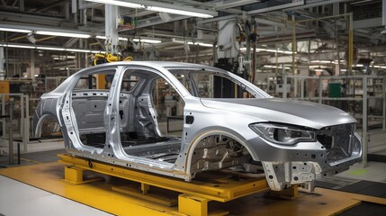 electric car being constructed in the factory, with visible technology
