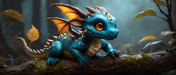 A beautiful little dragon in a fantastic world. - obrazy, fototapety, plakaty