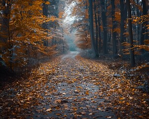 Fototapeta premium The quiet beauty of a forest path in autumn, leaves gently passing to the ground, symbolizing the cycle of life and nature’s serenity 