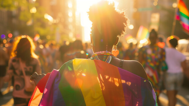 Inclusive image of a happy black gay woman celebrating new york pride parade wearing a rainbow flag on her back. Inclusion and ethnic diversuty at pride celebration in NYC. Happy queer woman