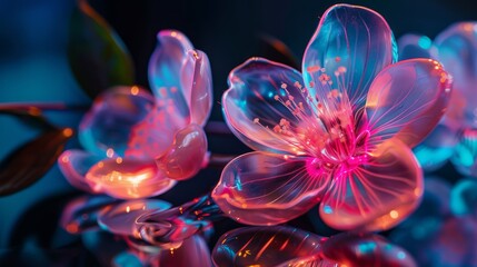 Glass or plastic flower on dark background with beautiful LED light spectrum