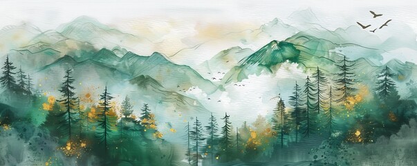 Watercolor of Moutainous and trees