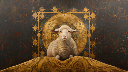 Religious painting in Arabesque art focus is a majestic lamb, Abraham kneels beside the ram, ready to fulfill Gods command. - obrazy, fototapety, plakaty
