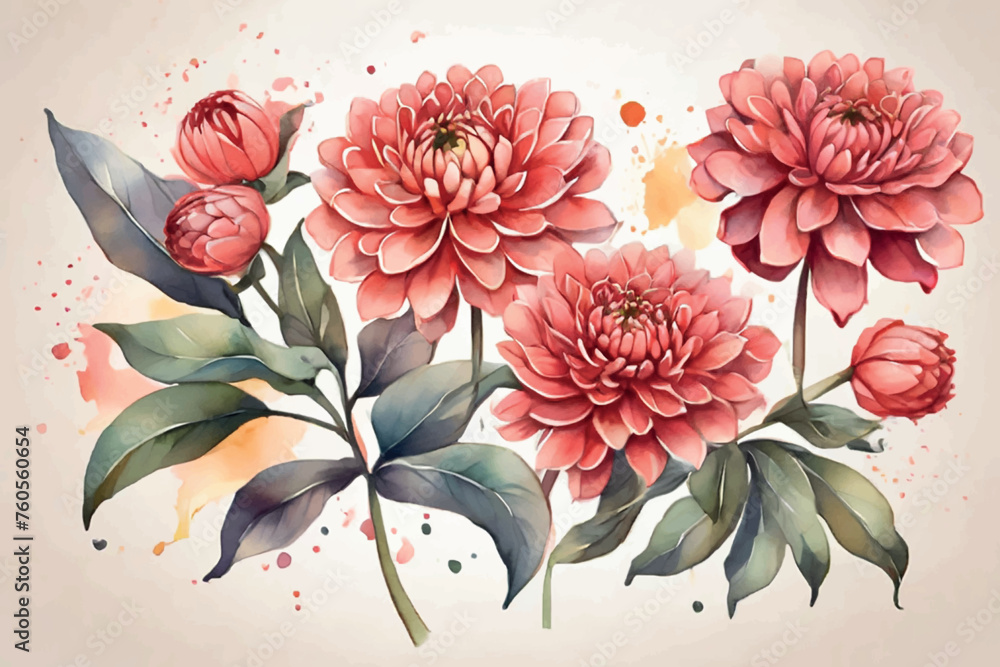 Wall mural set of rosegold watercolor floral Watercolor flower illustration, pink peony on a white background. Set Peonies flowers