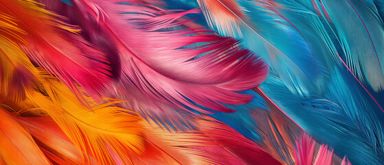 Colorful feathers create a soft and vibrant background, blending hues of pink, orange, and blue, perfect for nature-inspired decorations