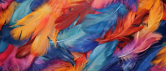 Colorful feathers create a soft and vibrant background, blending hues of pink, orange, and blue, perfect for nature-inspired decorations
