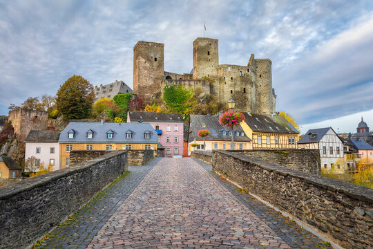 View of Runkel Castle from old stone bridge in Runkel, Hesse, Germany