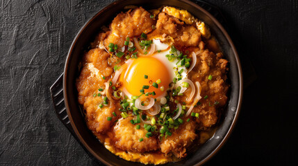 Close up Japanese style Katsudon sits on a Japanese style Bowl and topping by chopped spring onion and yolk - obrazy, fototapety, plakaty