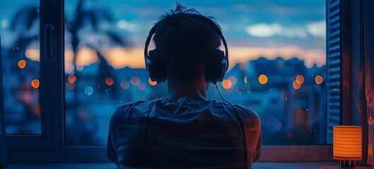 A man wearing headphones is sitting in front of a window. The window has a view of the city and the...