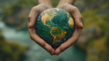 Concept of Environmental Care, Ecology, Sustainability and Climate Awareness: Hands Holding an Earth Globe Forming a Heart. Happy Earth Day Concept