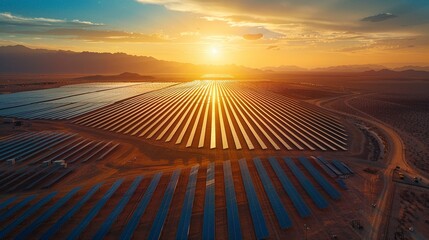 An aerial view of a vast solar farm in the desert - obrazy, fototapety, plakaty