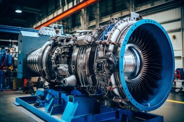 Close-Up Shot of an Aircraft Engine Nacelle in an Industrial Setting with Machinery Parts in the Background - obrazy, fototapety, plakaty