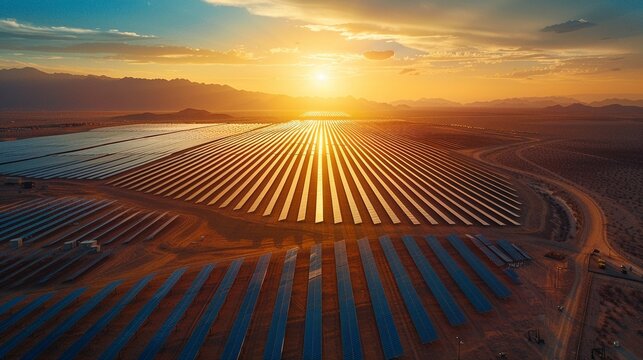 An aerial view of a vast solar farm in the desert