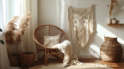 Detail of hand woven beige wool blanket on wicker chair.
