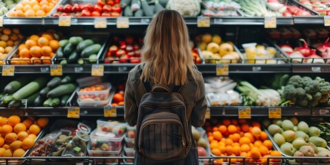 A woman wearing a straw hat stands in front of a produce section of a grocery store