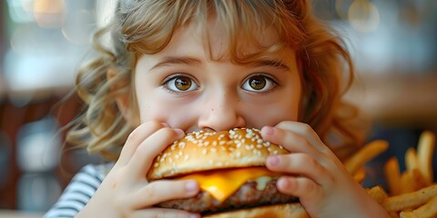 A young girl is eating a hamburger and fries. The burger is large and the fries are piled on top of...