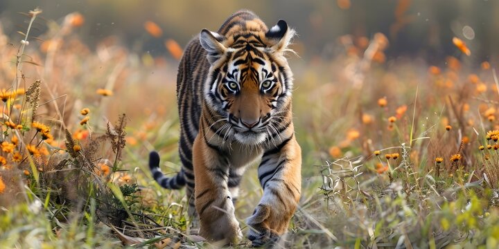 A tiger is running through a field of flowers. The tiger is the main focus of the image, and the flowers are in the background