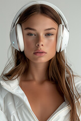 A woman wearing white headphones and a white shirt