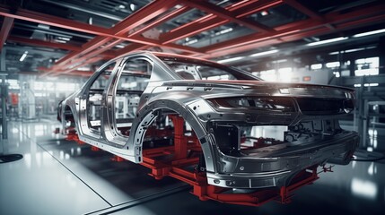electric car being constructed in the factory, with visible technology