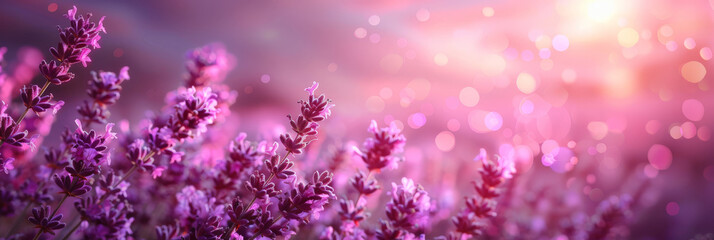pink and purple  Lavender field background on blurred background, banner , copy space - obrazy, fototapety, plakaty