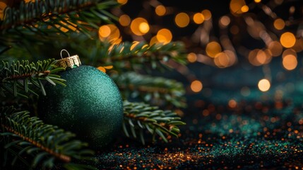 Green Christmas decoration ball with fir tree branch against black background with golden bokeh