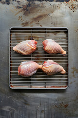 Top view of raw chicken on grilling rack for food background with copy space for text. Generative AI.