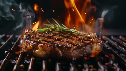 Grilled meat steak with flame on dark background. Food and kitchen concept