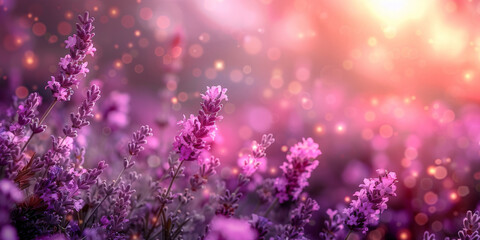 pink and purple  Lavender field background on blurred background, banner , copy space
