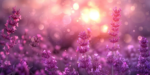 pink and purple  Lavender field background on blurred background, banner , copy space